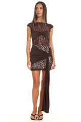 Baie Hip Sash Lace Overlay Mini Dress Chocolate