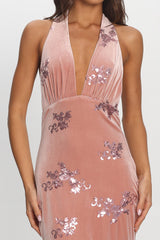 Annorah Halterneck Velvet Maxi Dress Sequin Blush