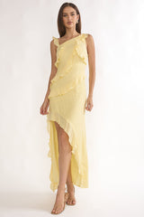 Arrabel Asymmetric Hem Ruffle Maxi Dress Lemon