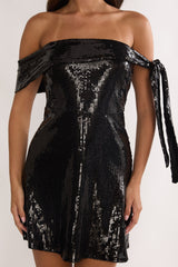 Aurora Sky Off-Shoulder Tie Mini Dress Sequin Black