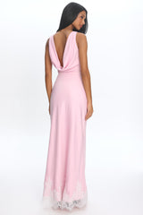 Bedouin Cowl-Back Lace-Hem Gown Light Pink