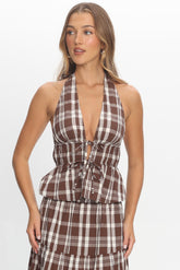 Admire Tie Front Halter Top Plaid Chocolate