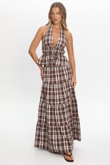 Admire Tie Front Halter Top Plaid Chocolate