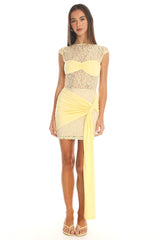 Baie Hip Sash Lace Overlay Mini Dress Lemon