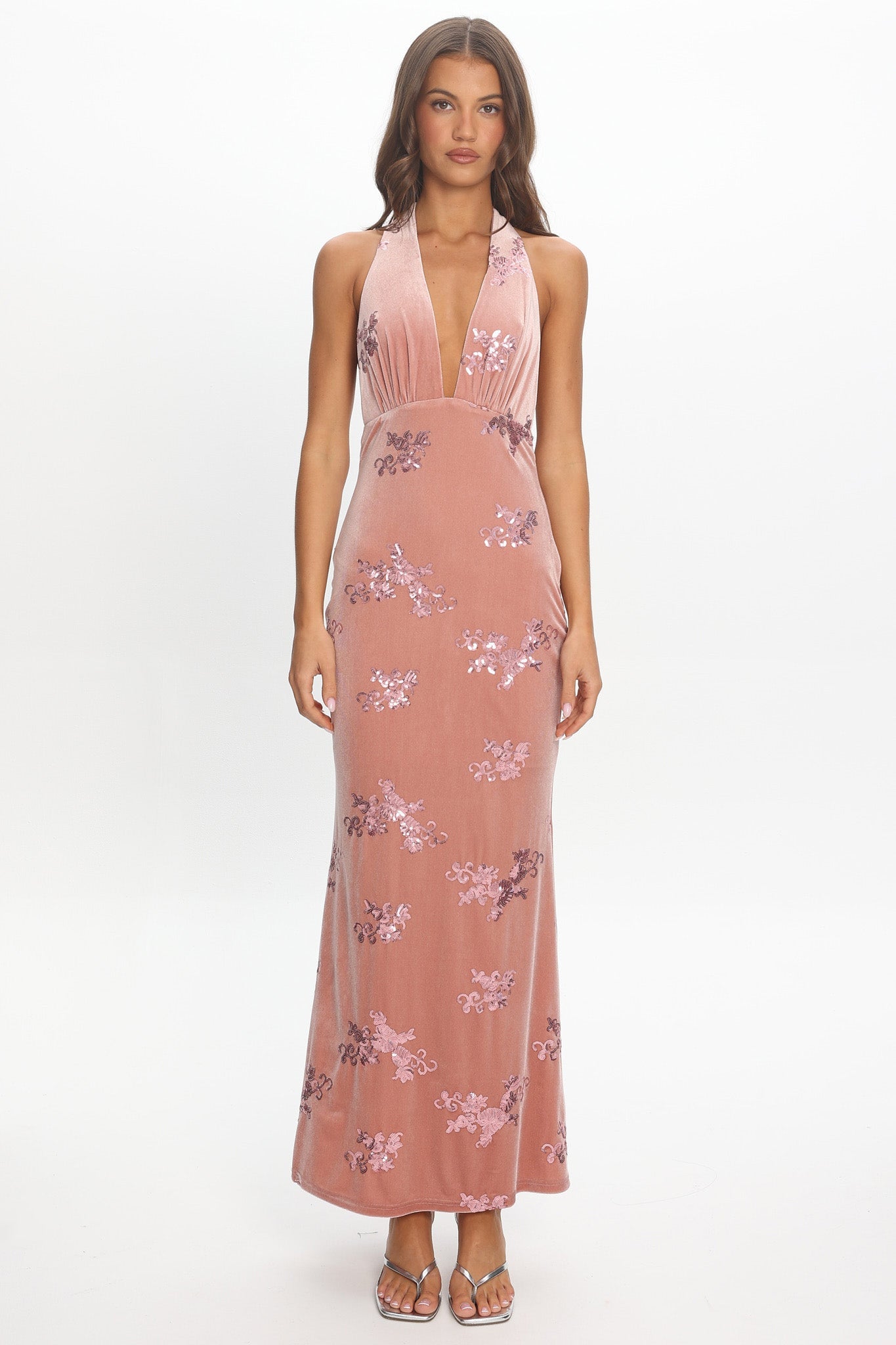 Annorah Halterneck Velvet Maxi Dress Sequin Blush