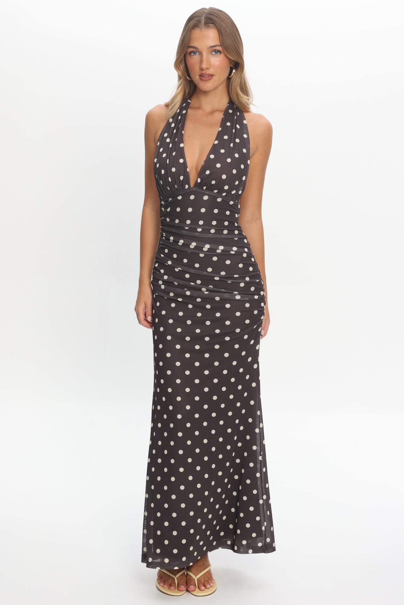 Annorah Halterneck Maxi Dress Polka Dot Chocolate