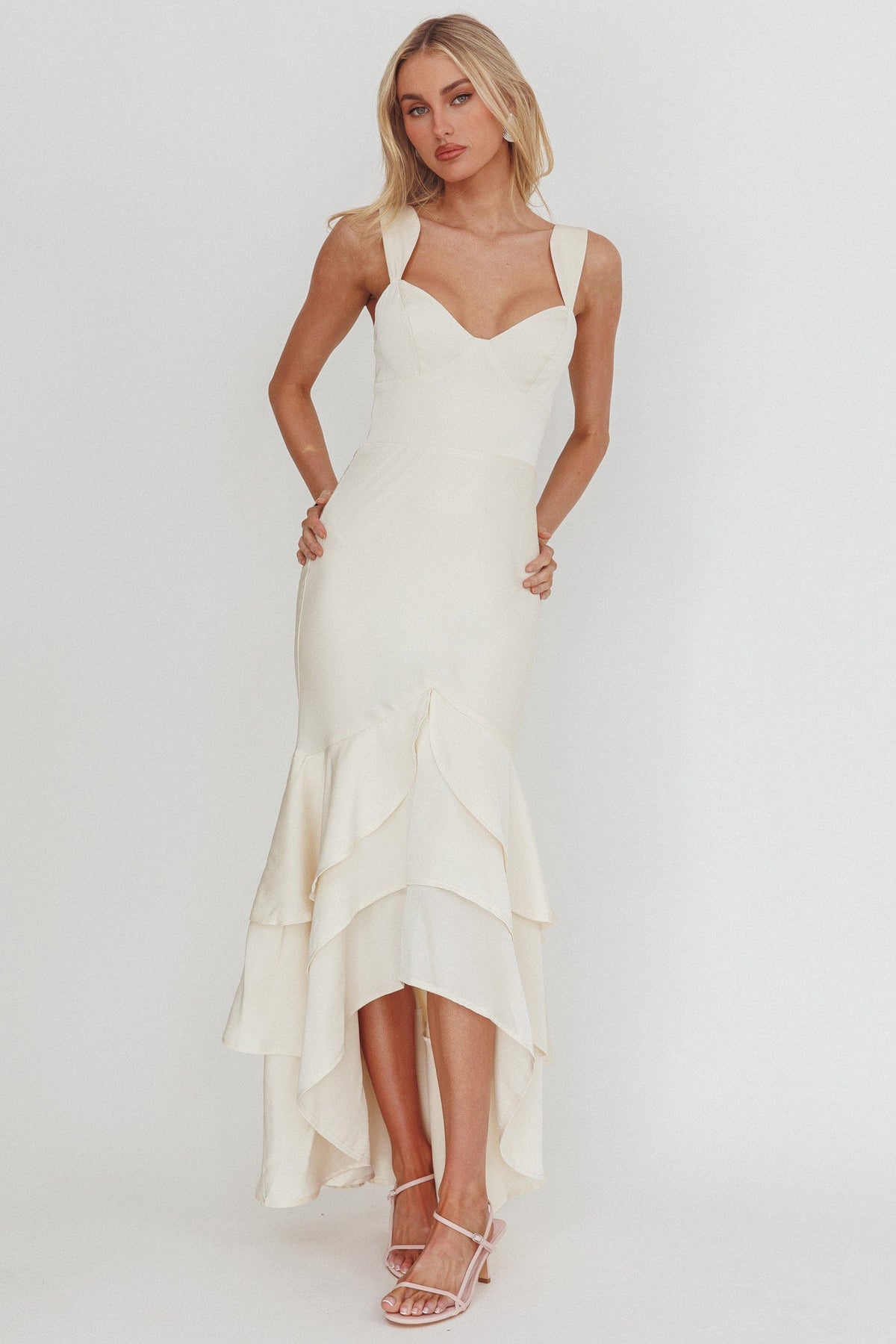 Baylin Layered Mermaid Hem Maxi Dress Cream