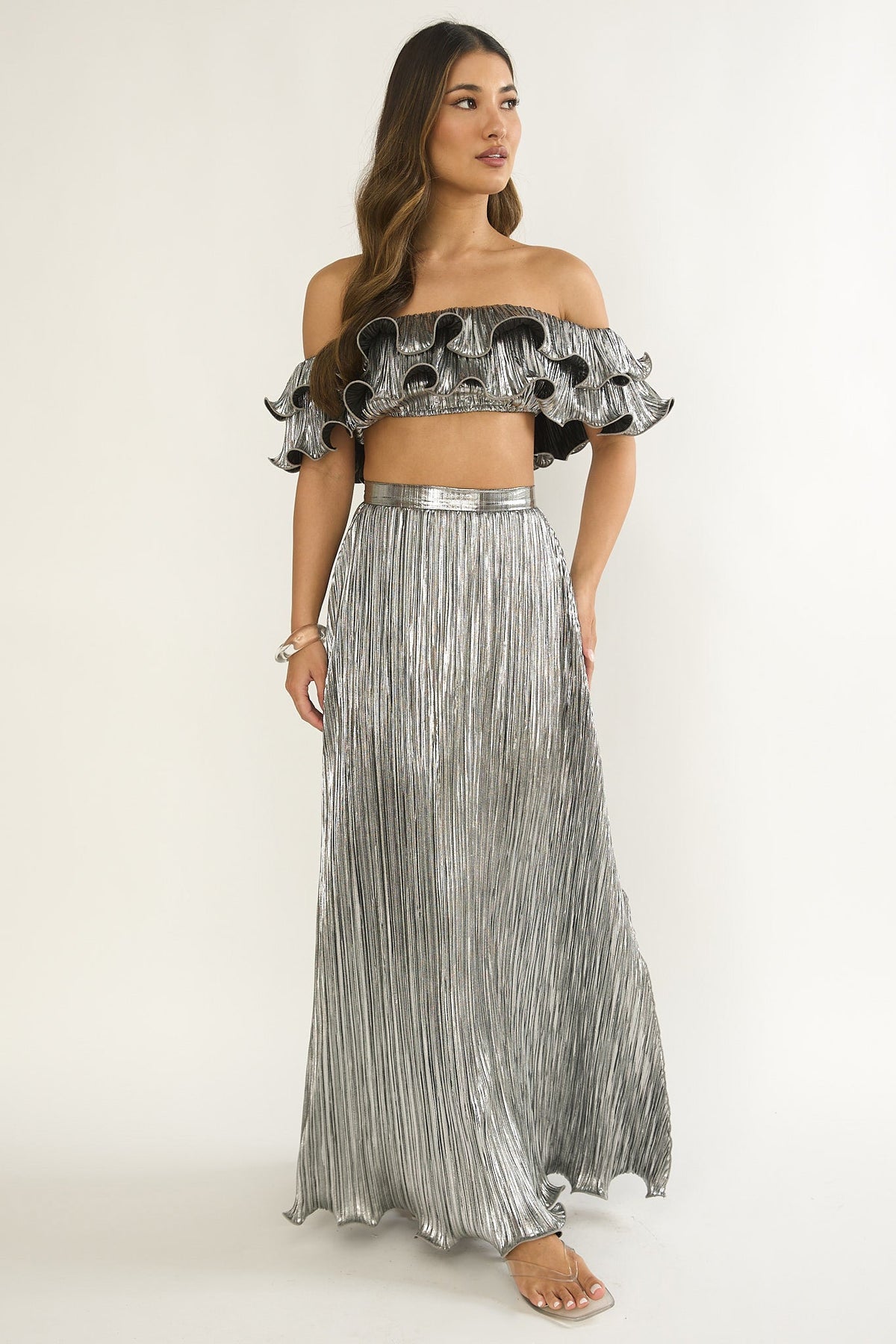 Amaria Lettuce Edge Maxi Skirt Silver