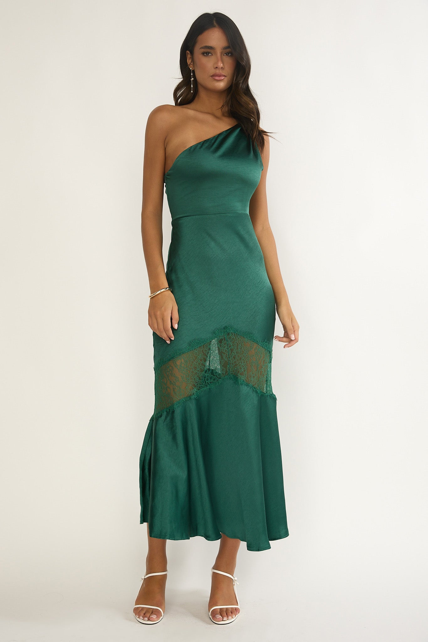 Avielle Lace Trim One-Shoulder Maxi Dress Forest Green