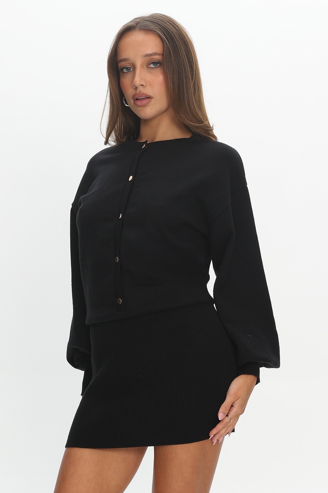 Azari Buttoned Knit Mini Dress Black