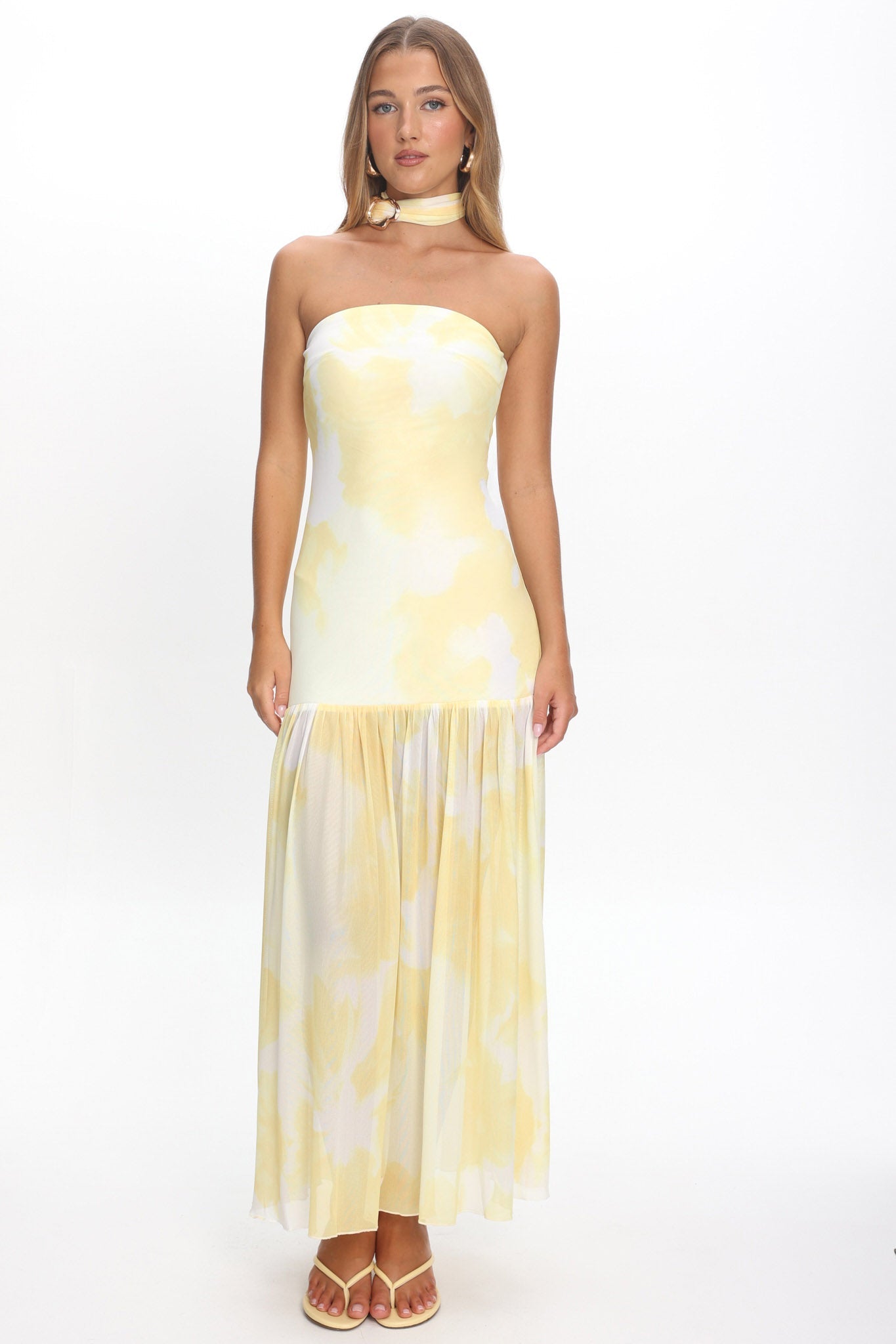 Antonella Strapless Waist Sash Maxi Dress Marbled Yellow