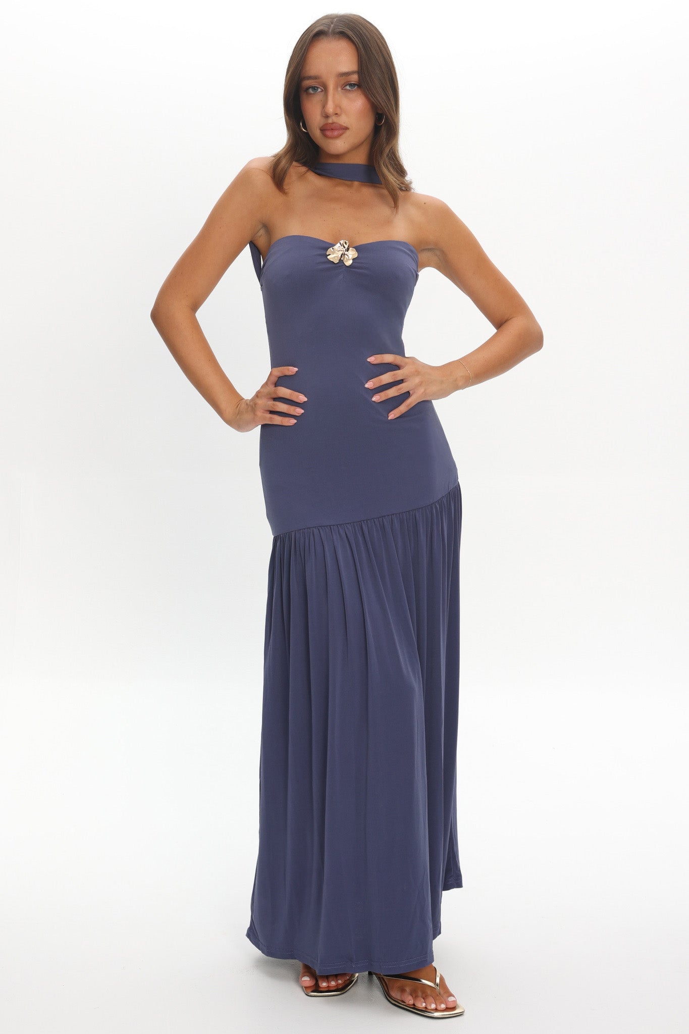 Ashana Drop Waist Halter Maxi Dress Taupe