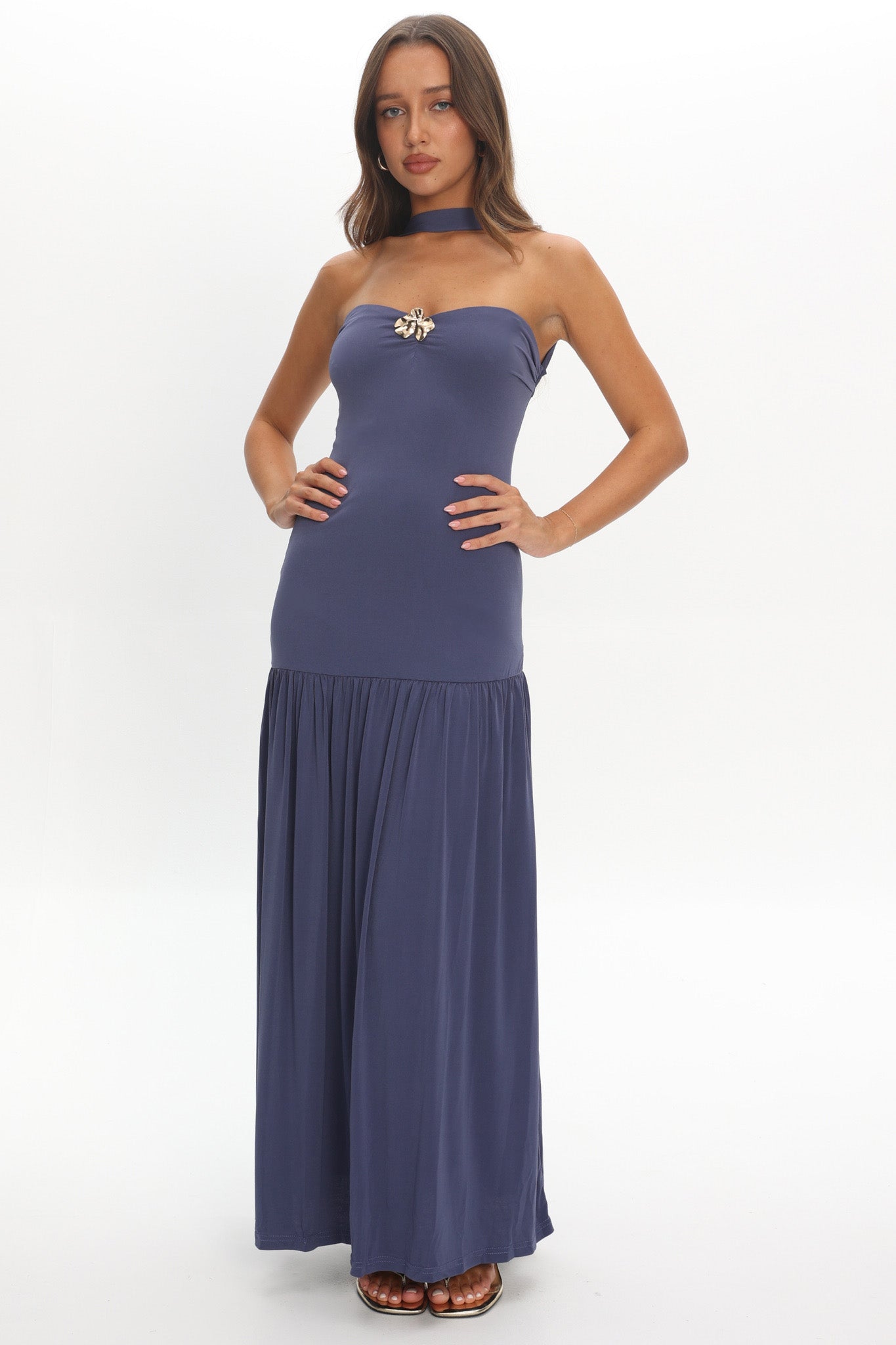 Ashana Drop Waist Halter Maxi Dress Taupe