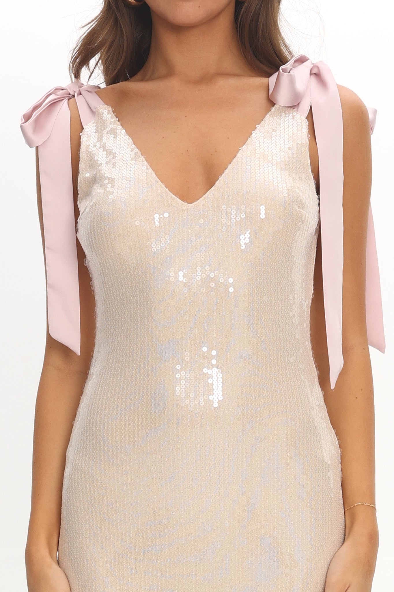 Bellamira Bow Shoulder Maxi Dress Sequin Champagne