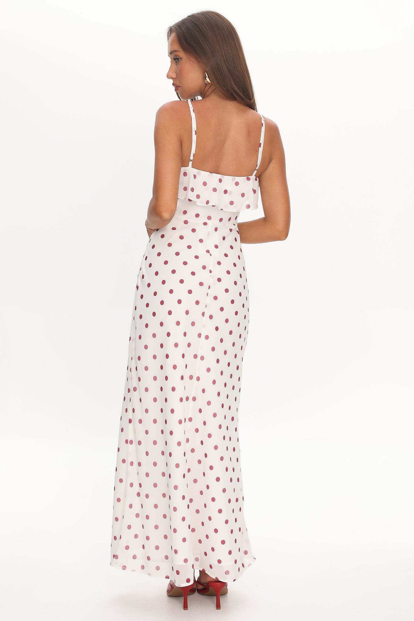 Bellissa Ruffle Bust Maxi Dress Polka Dot Red