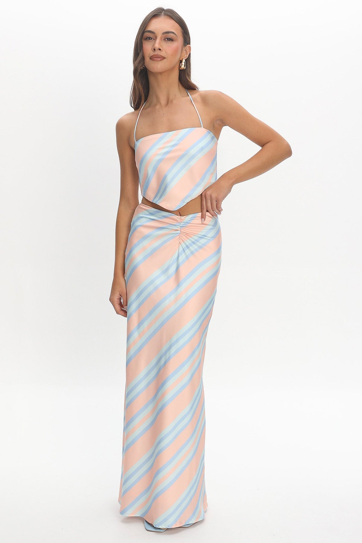 Avatar Ruched Maxi Skirt Striped Aqua