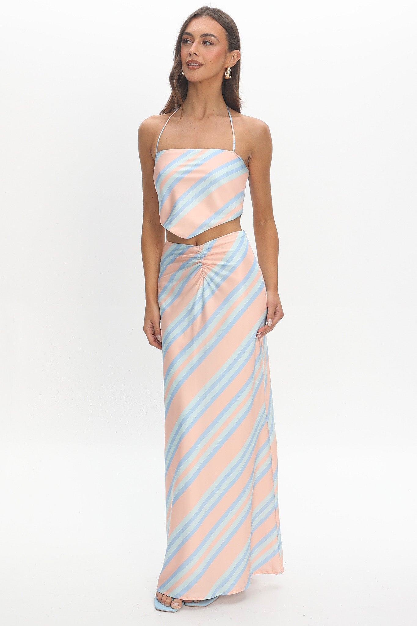 Avatar Ruched Maxi Skirt Striped Aqua