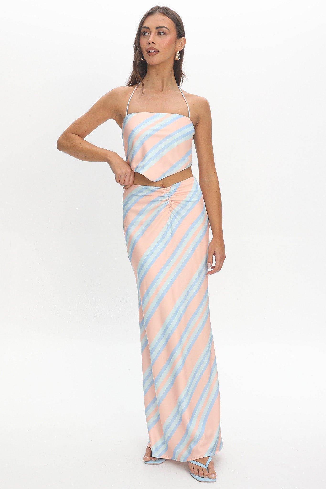 Avatar Ruched Maxi Skirt Striped Aqua