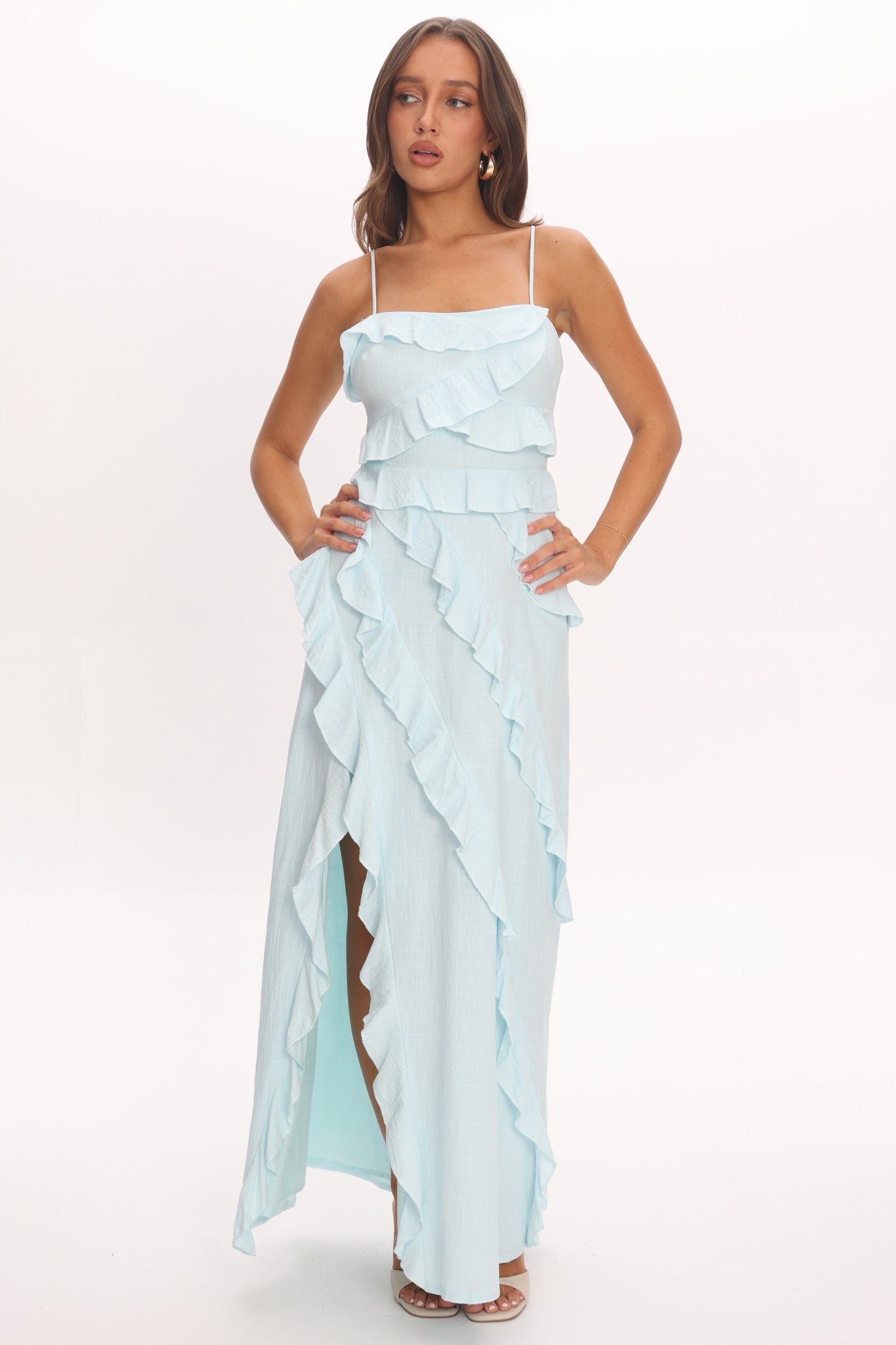 Arrabel Ruffle Split Maxi Dress Blue