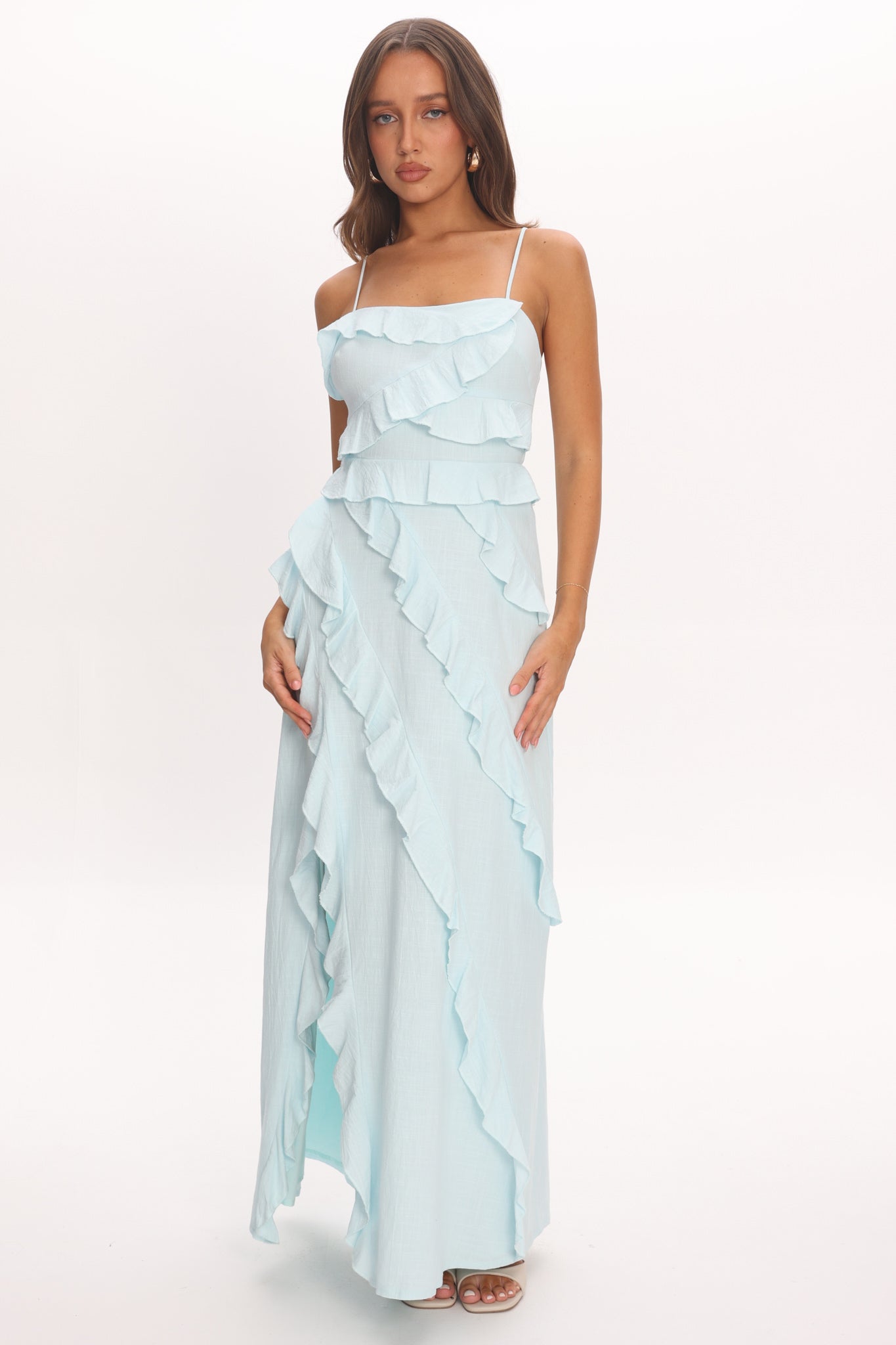 Arrabel Ruffle Split Maxi Dress Blue