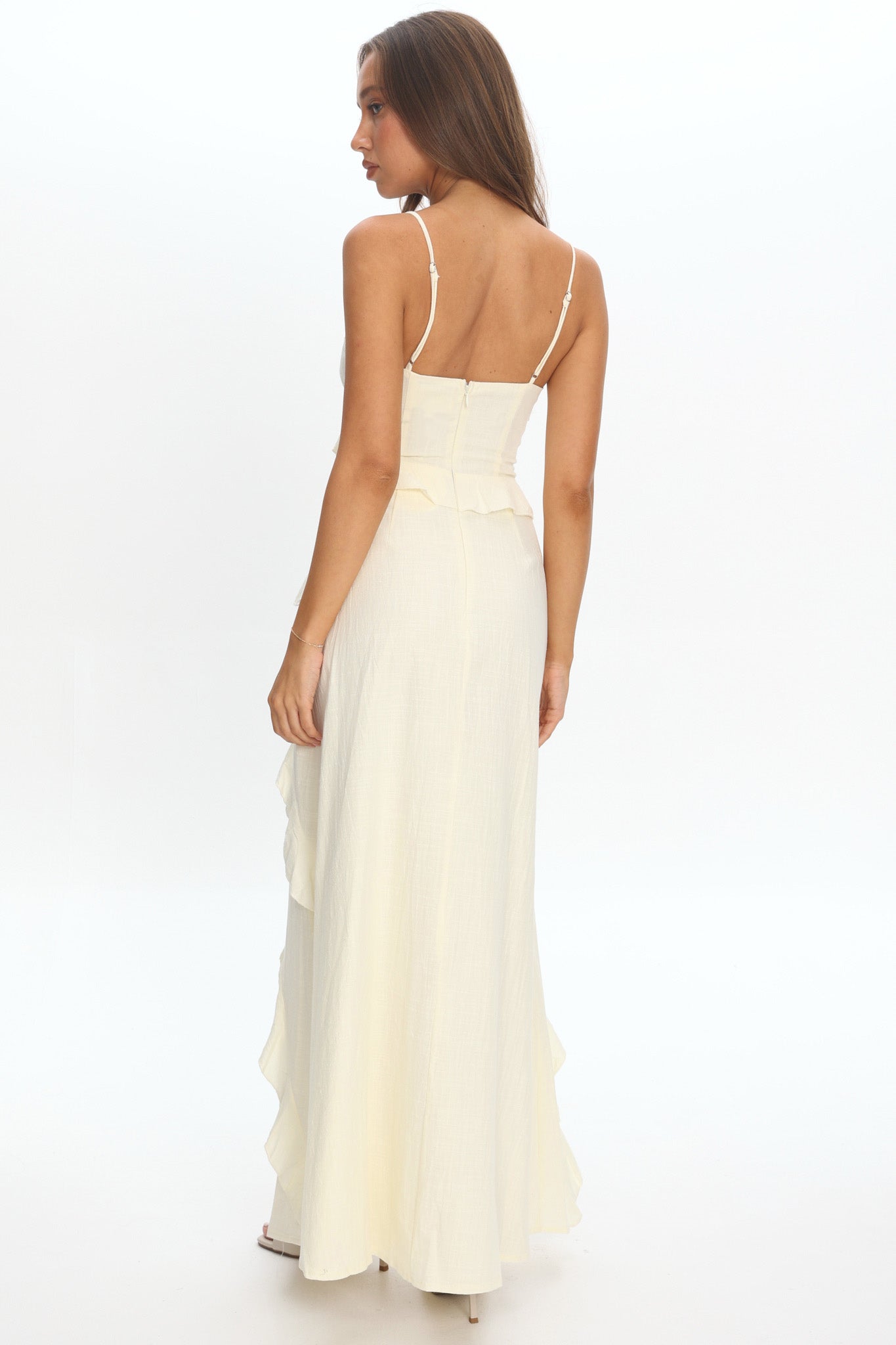Arrabel Ruffle Split Maxi Dress Ivory