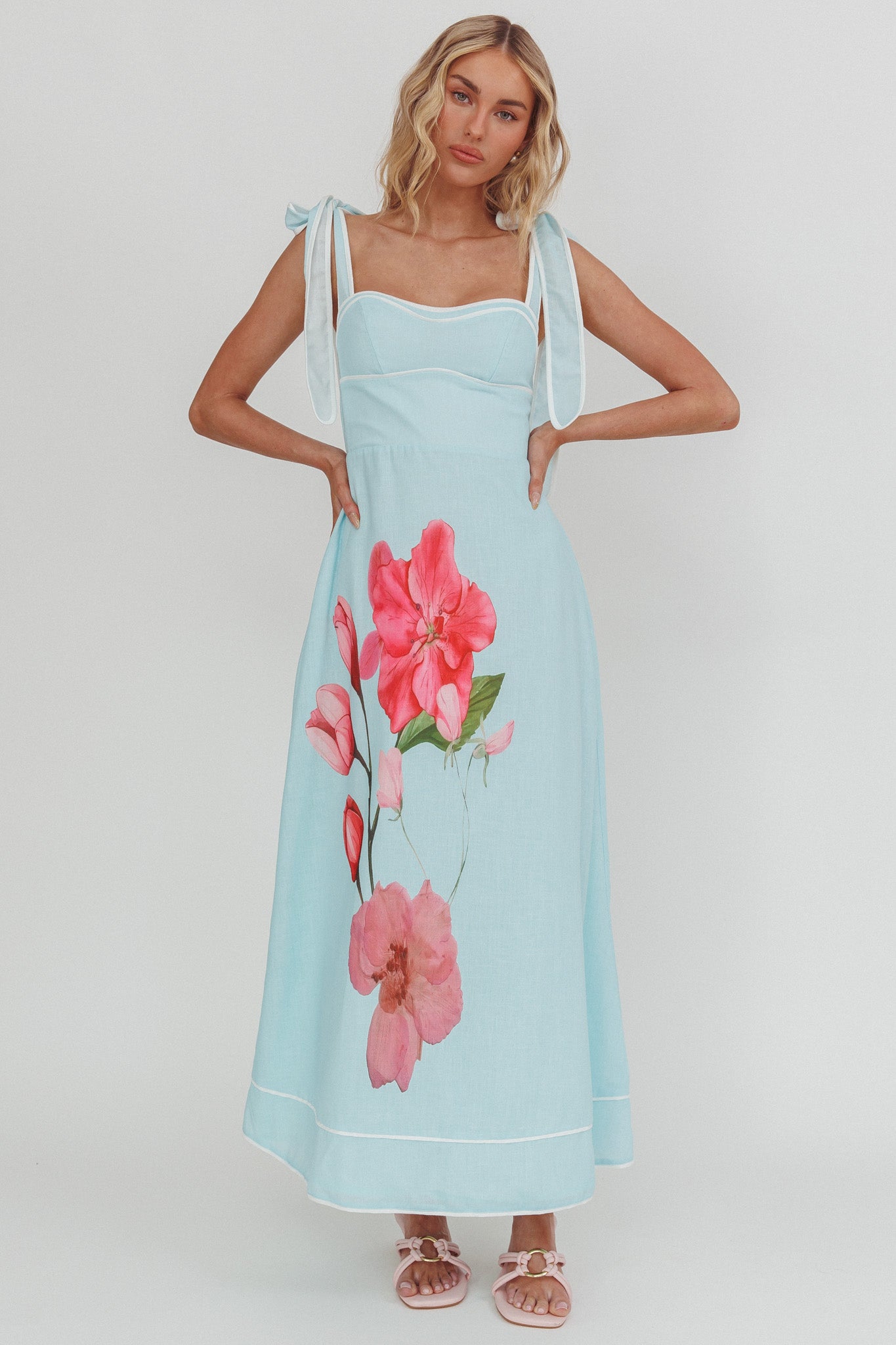 Averin Tied Shoulder Maxi Dress Flower Mint