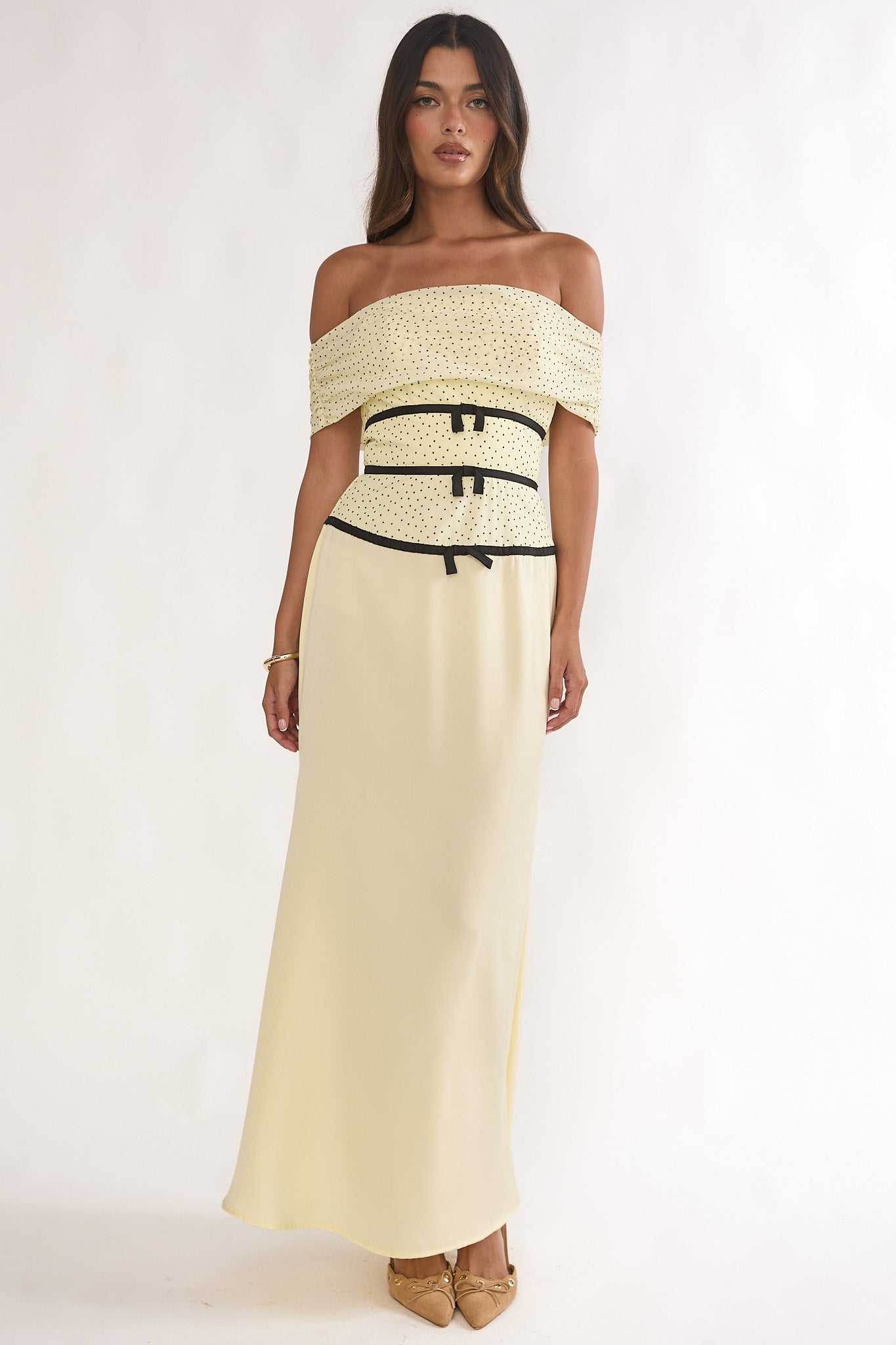 Begonias Off-Shoulder Bow Maxi Dress Spotted Lemon