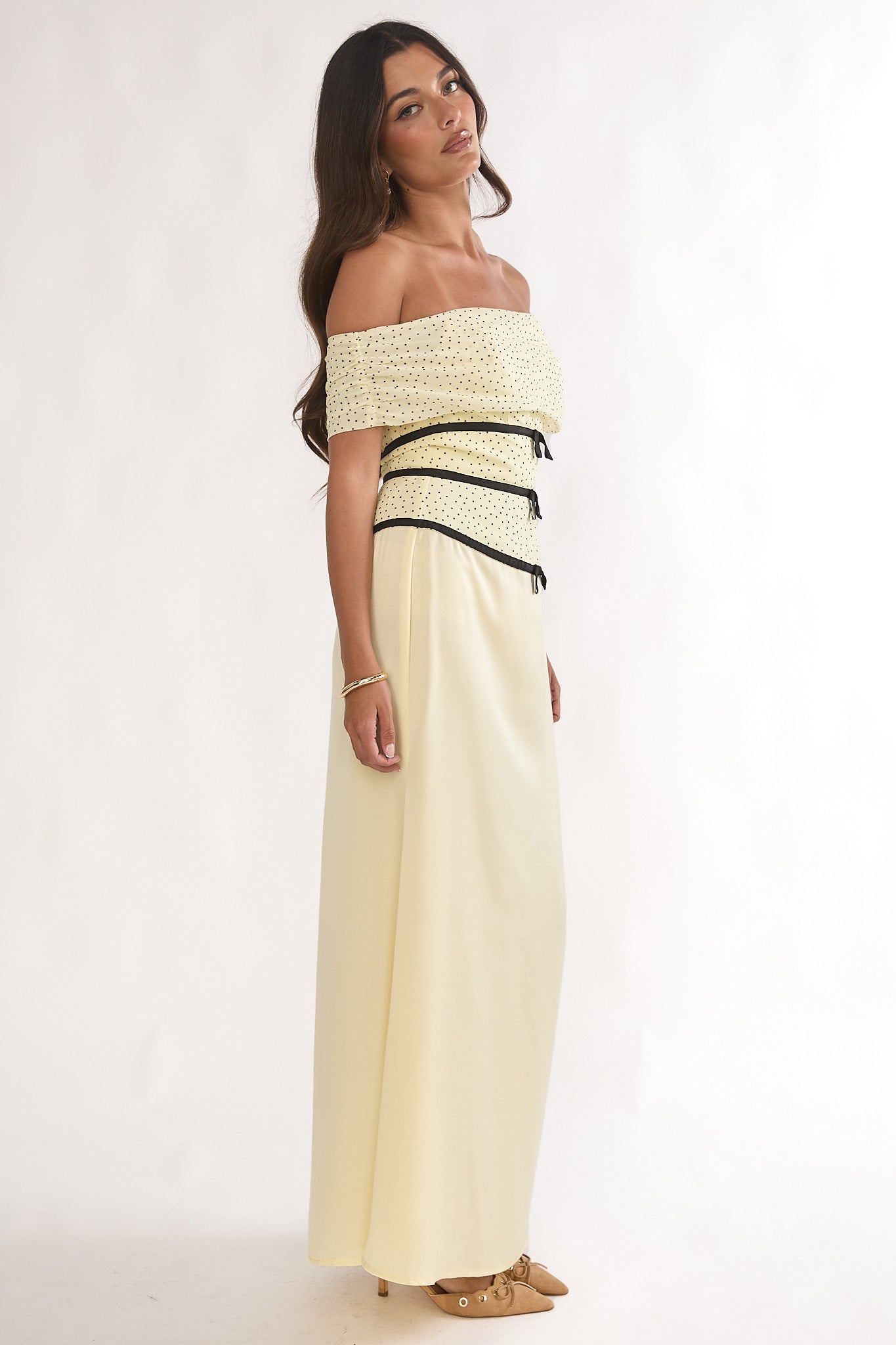 Begonias Off-Shoulder Bow Maxi Dress Spotted Lemon