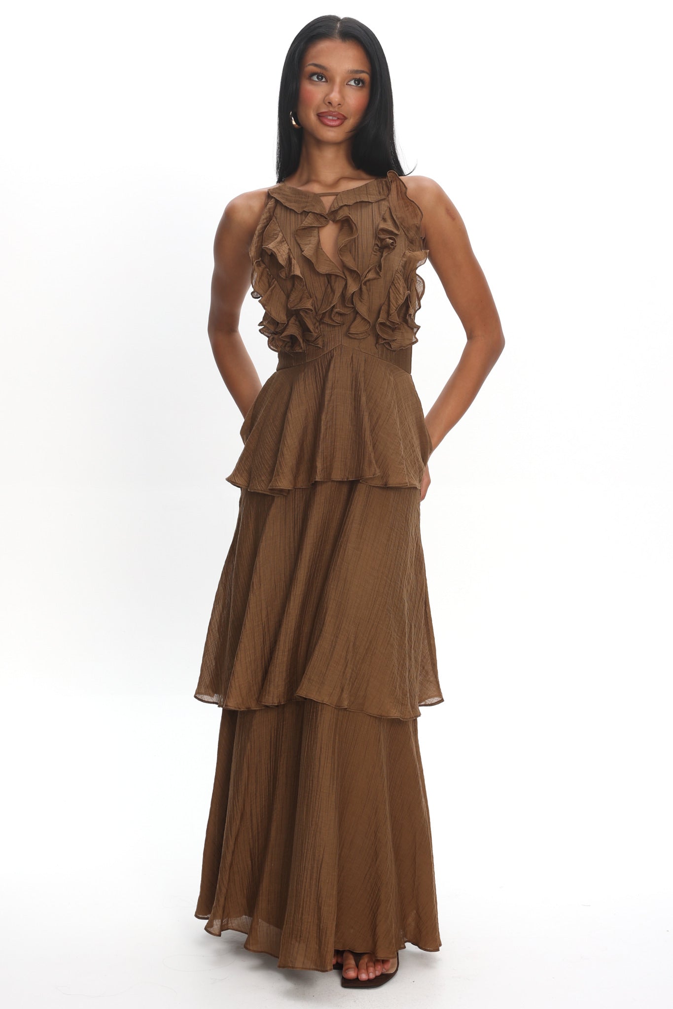 Aurika Tiered Ruffle Maxi Dress Coffee