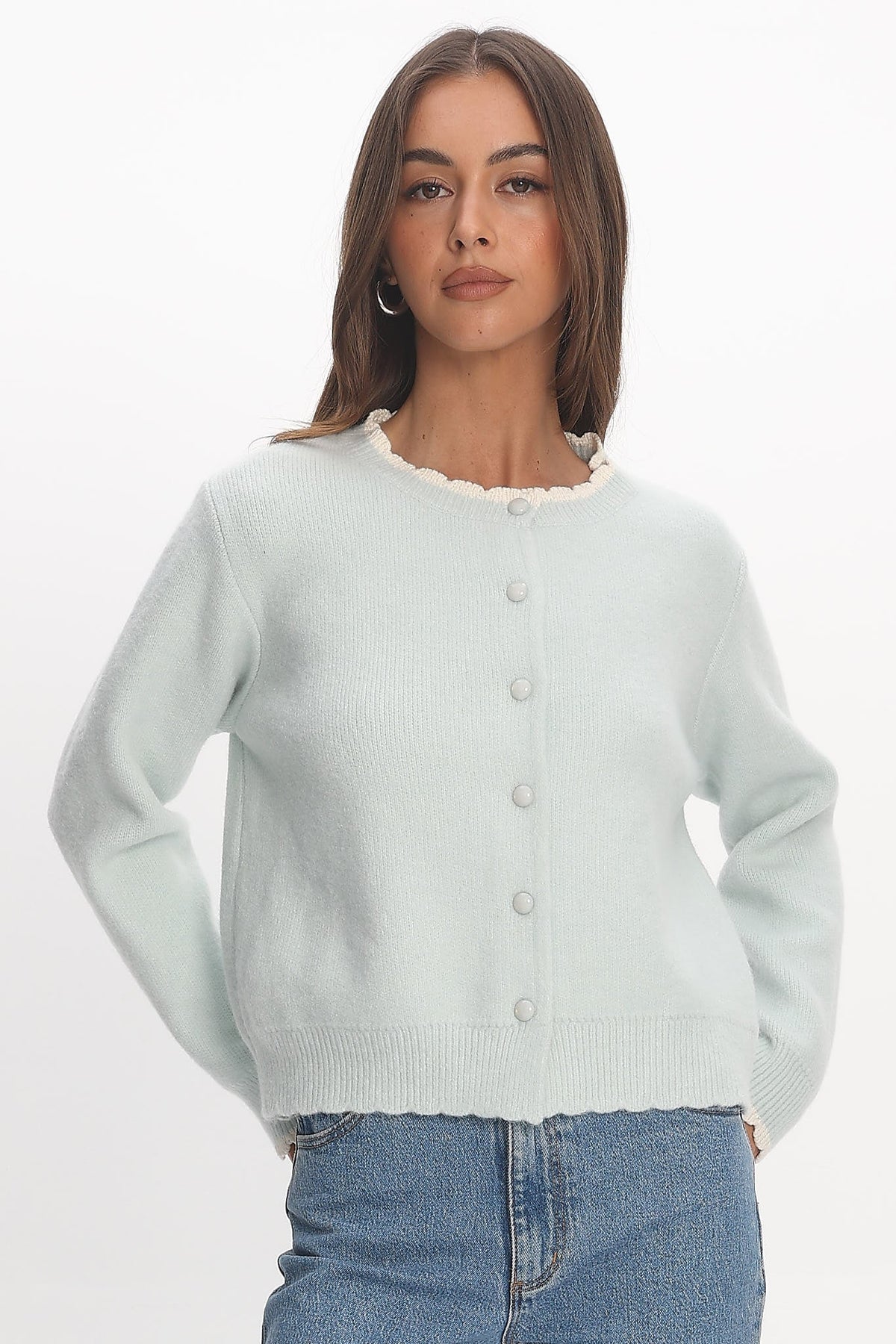Aurore Scalloped Edge Knit Cardigan Baby Blue