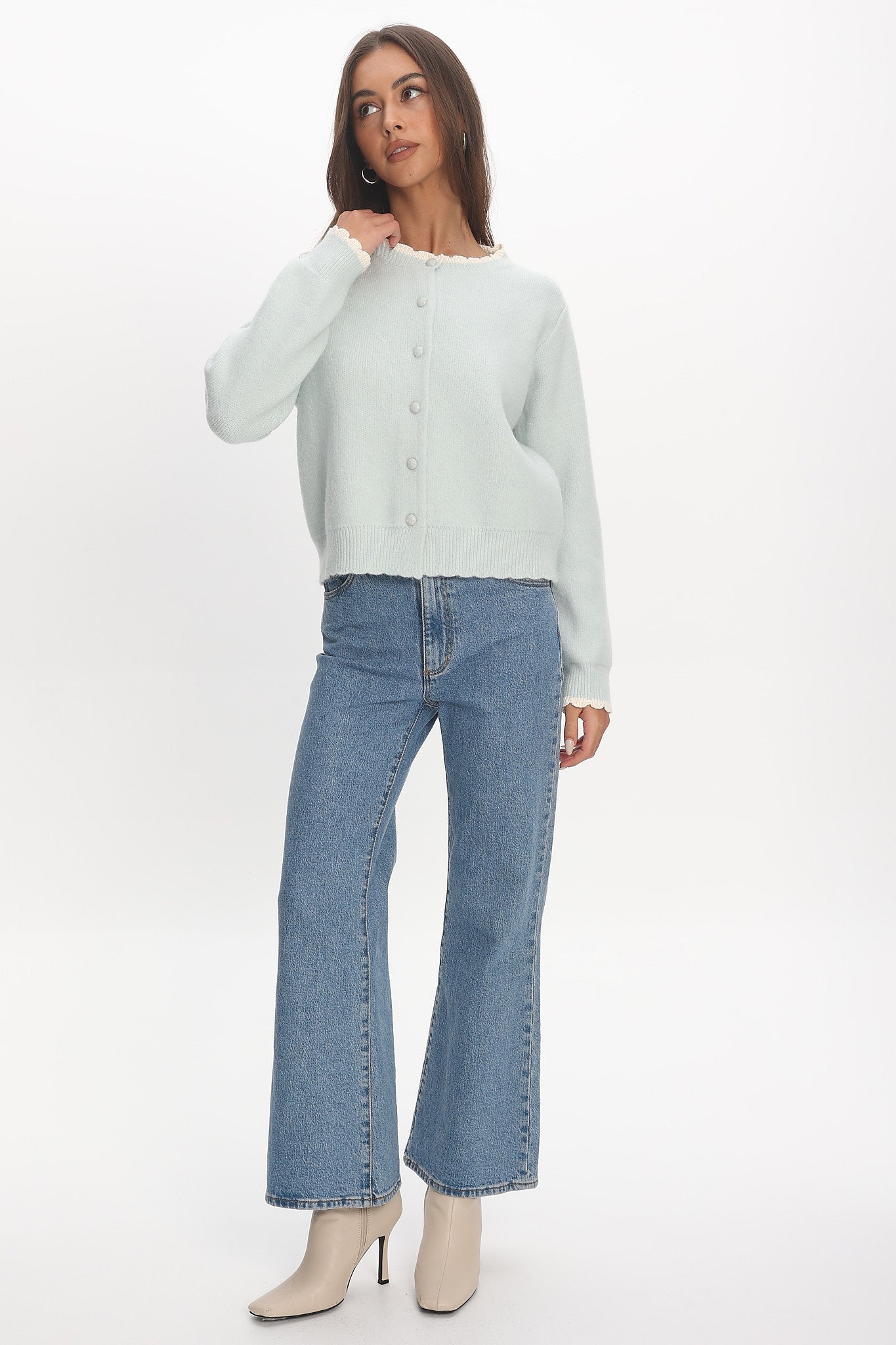 Aurore Scalloped Edge Knit Cardigan Baby Blue