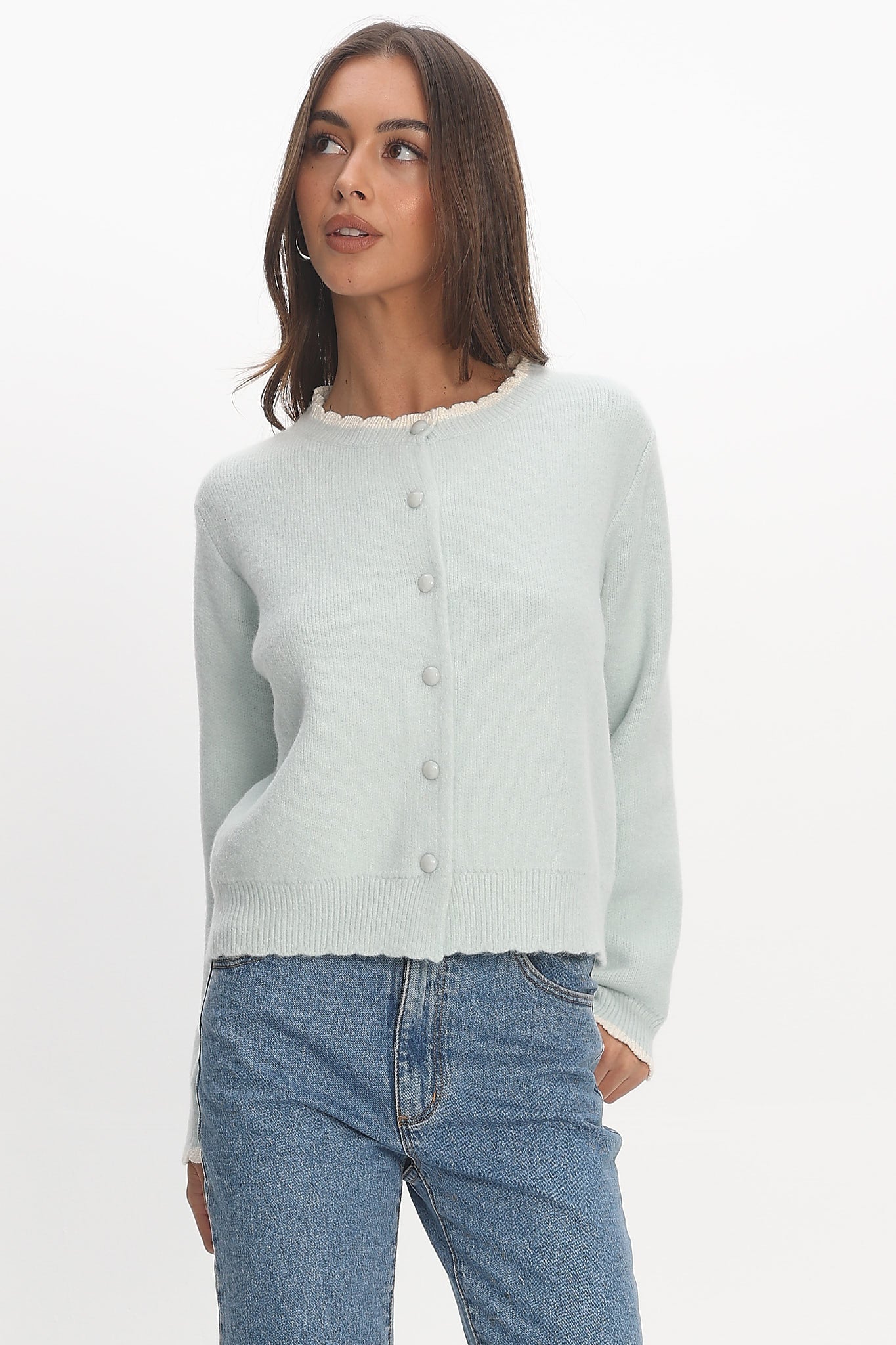 Aurore Scalloped Edge Knit Cardigan Baby Blue