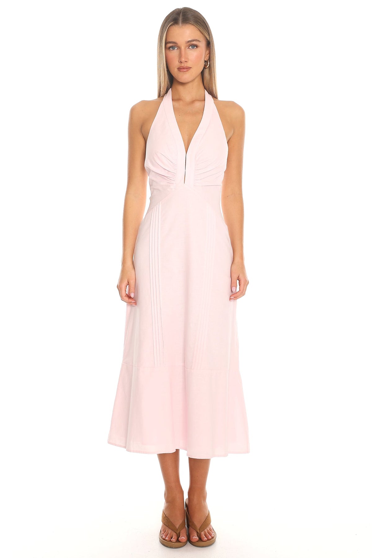 Arya Pintuck Halter Midi Dress Blush