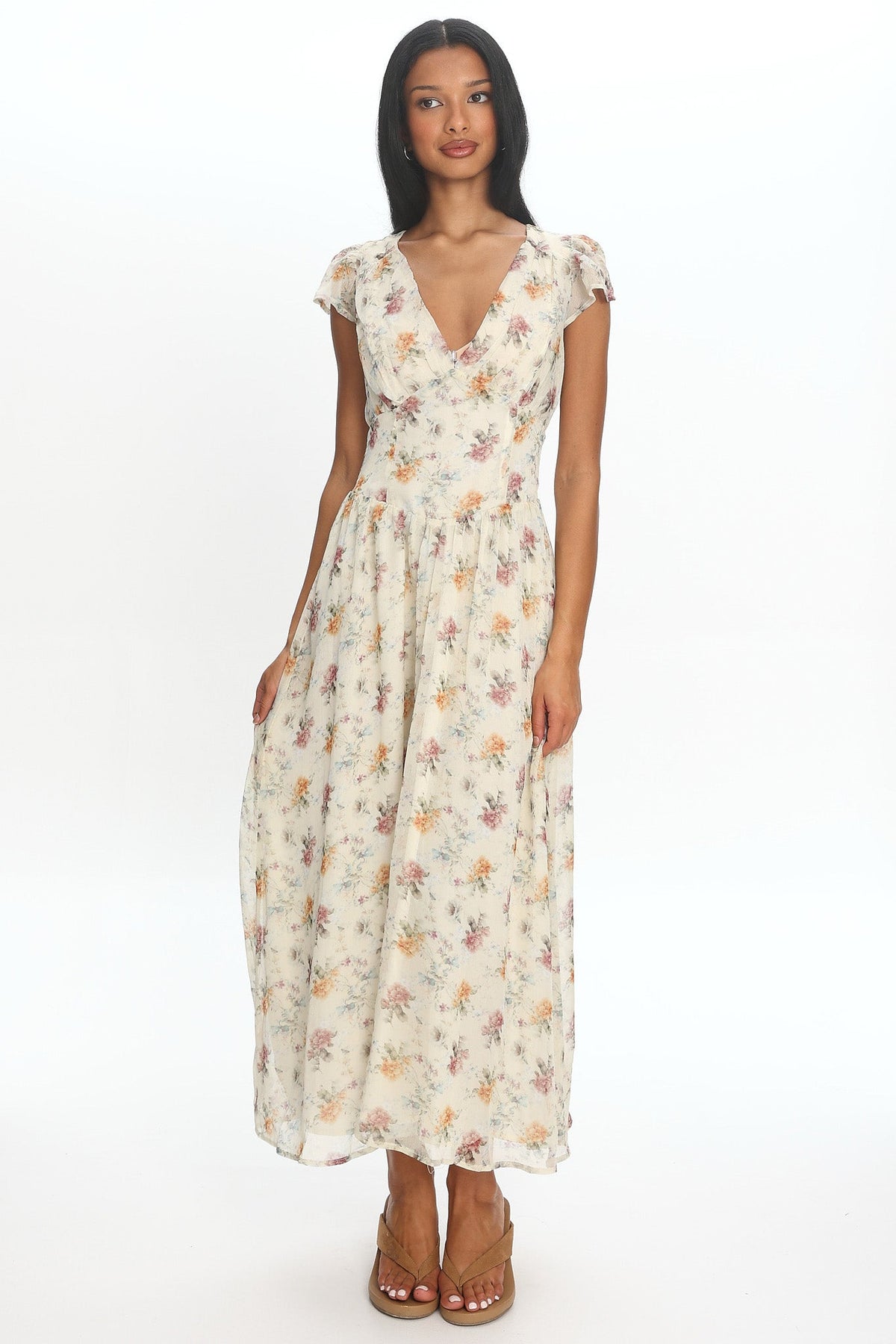 Angel Wings V-Back Pleat Maxi Dress Mint Floral