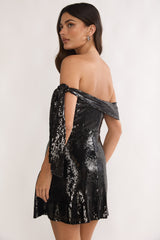 Aurora Sky Off-Shoulder Tie Mini Dress Sequin Black