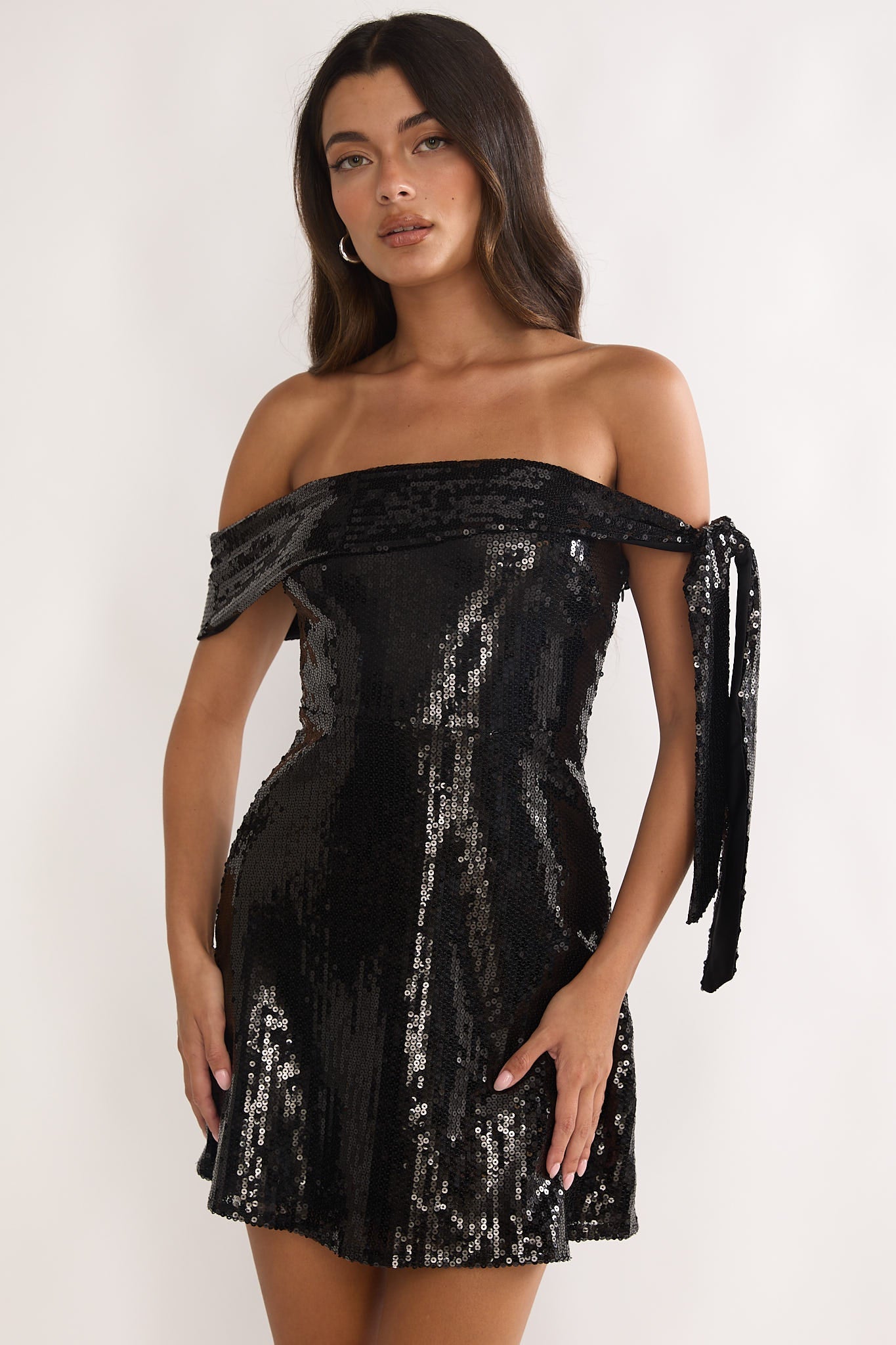 Aurora Sky Off-Shoulder Tie Mini Dress Sequin Black