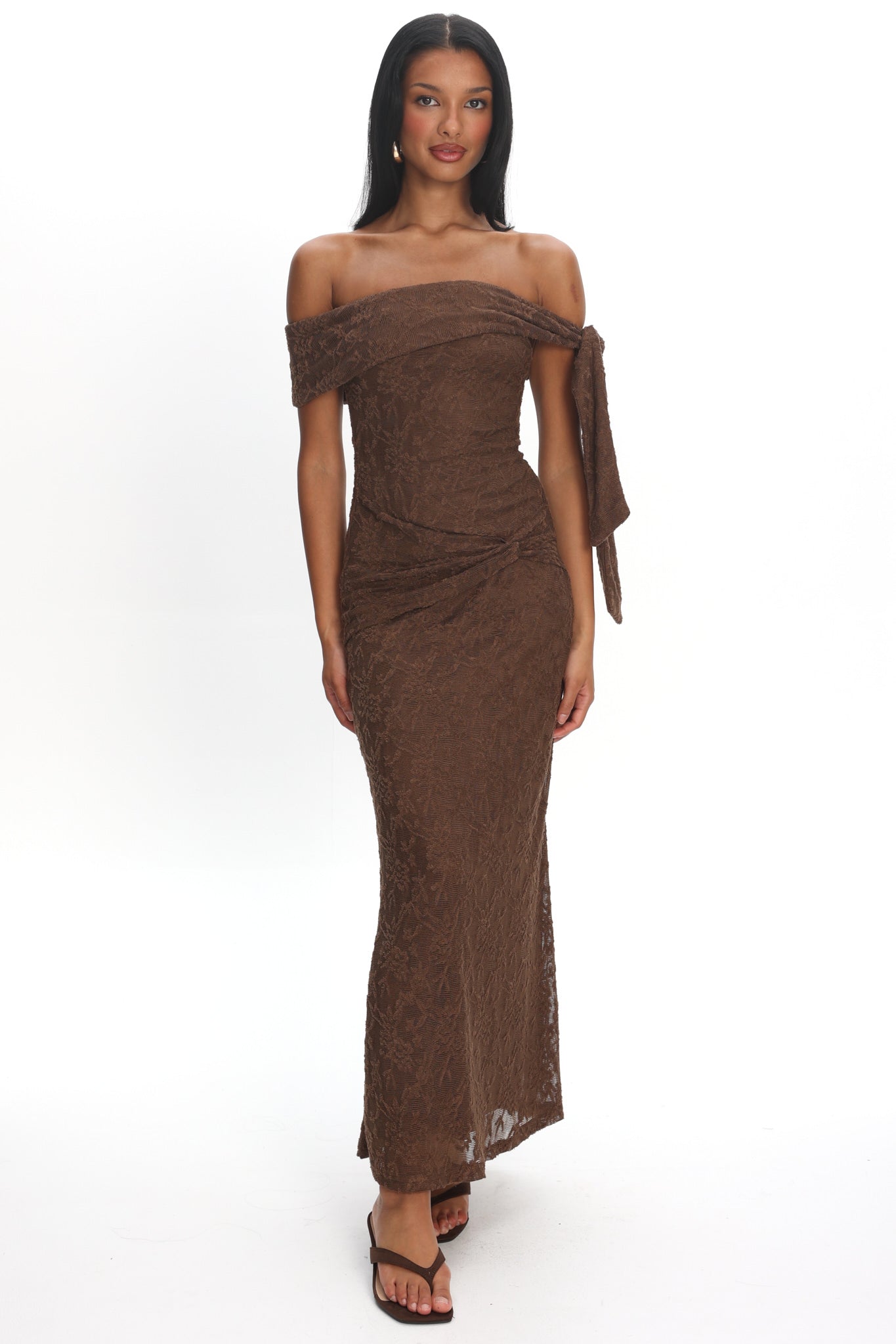 Aurora Sky Off-Shoulder Tie Maxi Dress Lace Chocolate