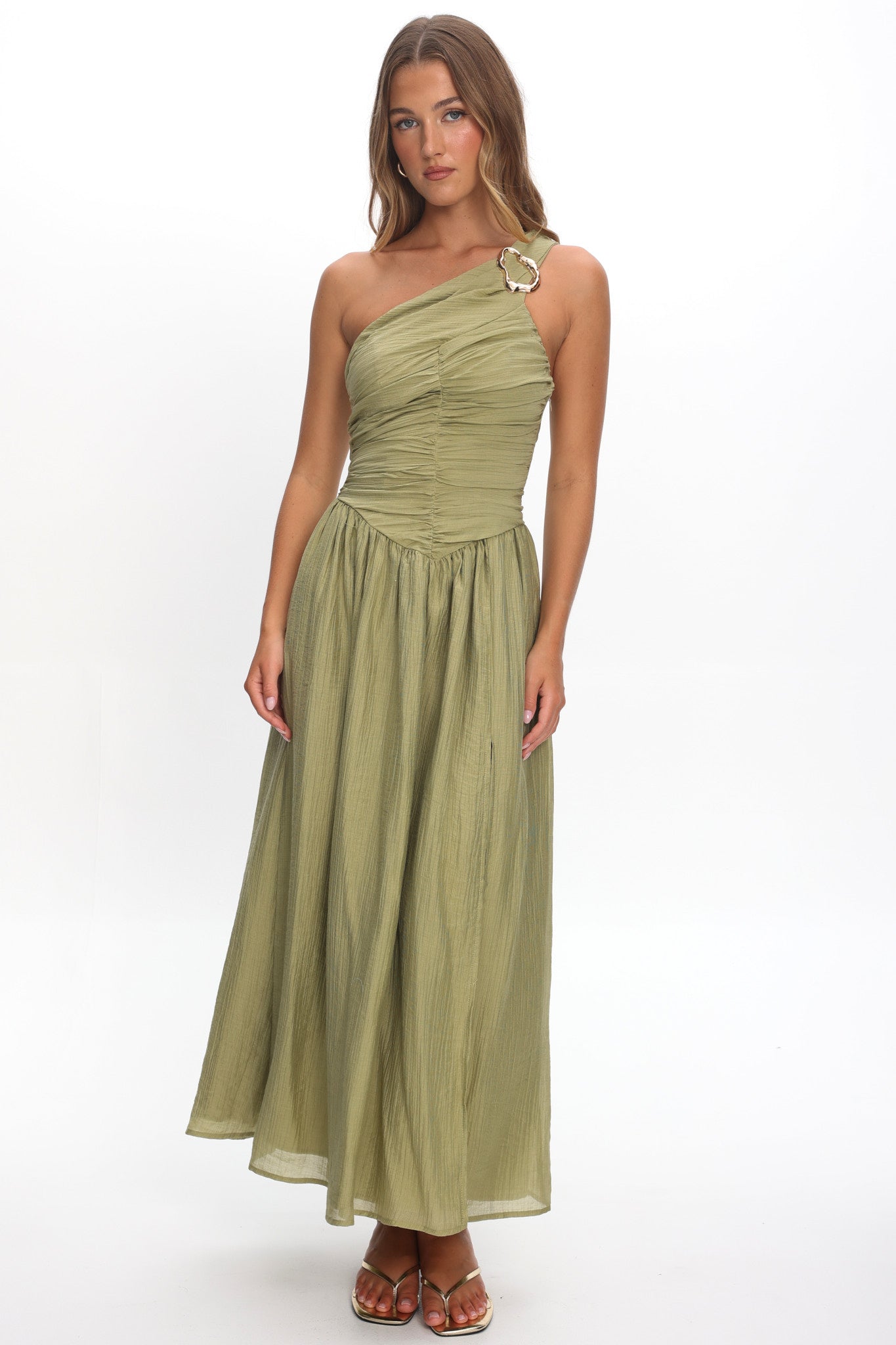 Andrina One-Shoulder Ruched Maxi Dress Olive