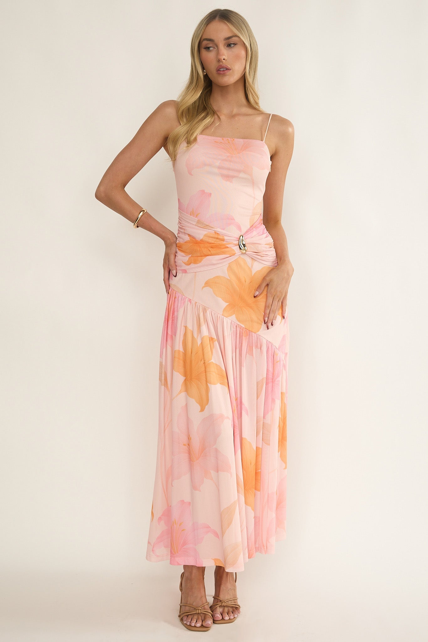 Azure Sun Drop Waist Split Maxi Dress Print Orange