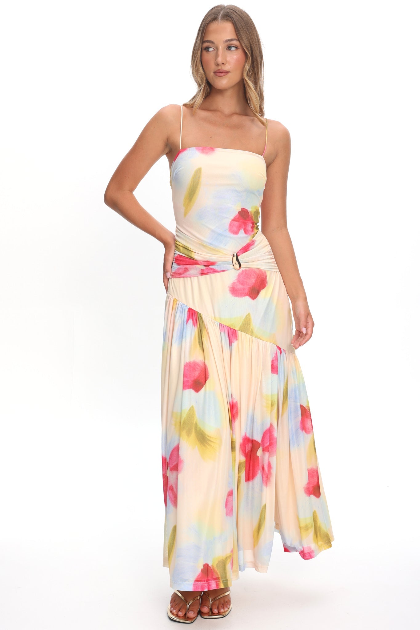 Azure Sun Drop Waist Split Maxi Dress Floral
