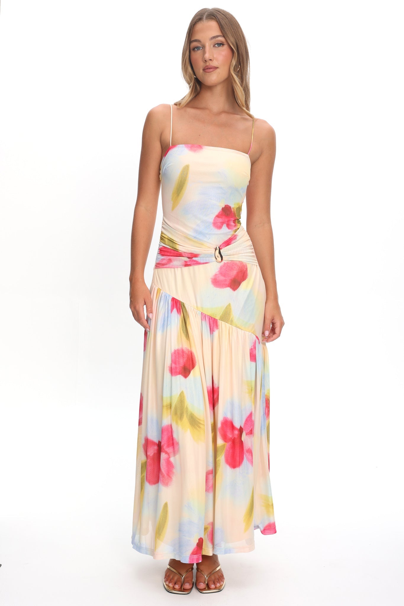 Azure Sun Drop Waist Split Maxi Dress Floral