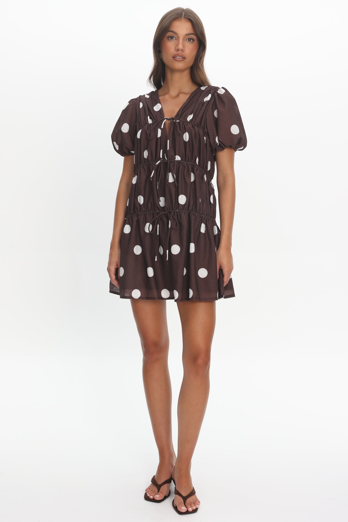Antibes Tie Front Puff Sleeve Mini Dress Chocolate/White