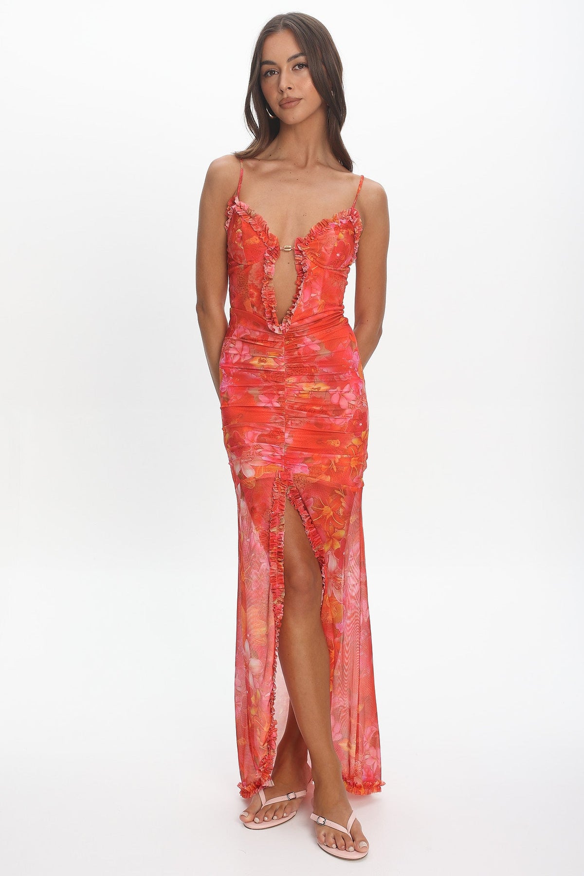 Audette Floral Mesh Ruffle Slip Gown Coral