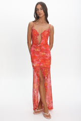 Audette Floral Mesh Ruffle Slip Gown Coral