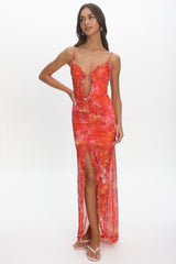 Audette Floral Mesh Ruffle Slip Gown Coral