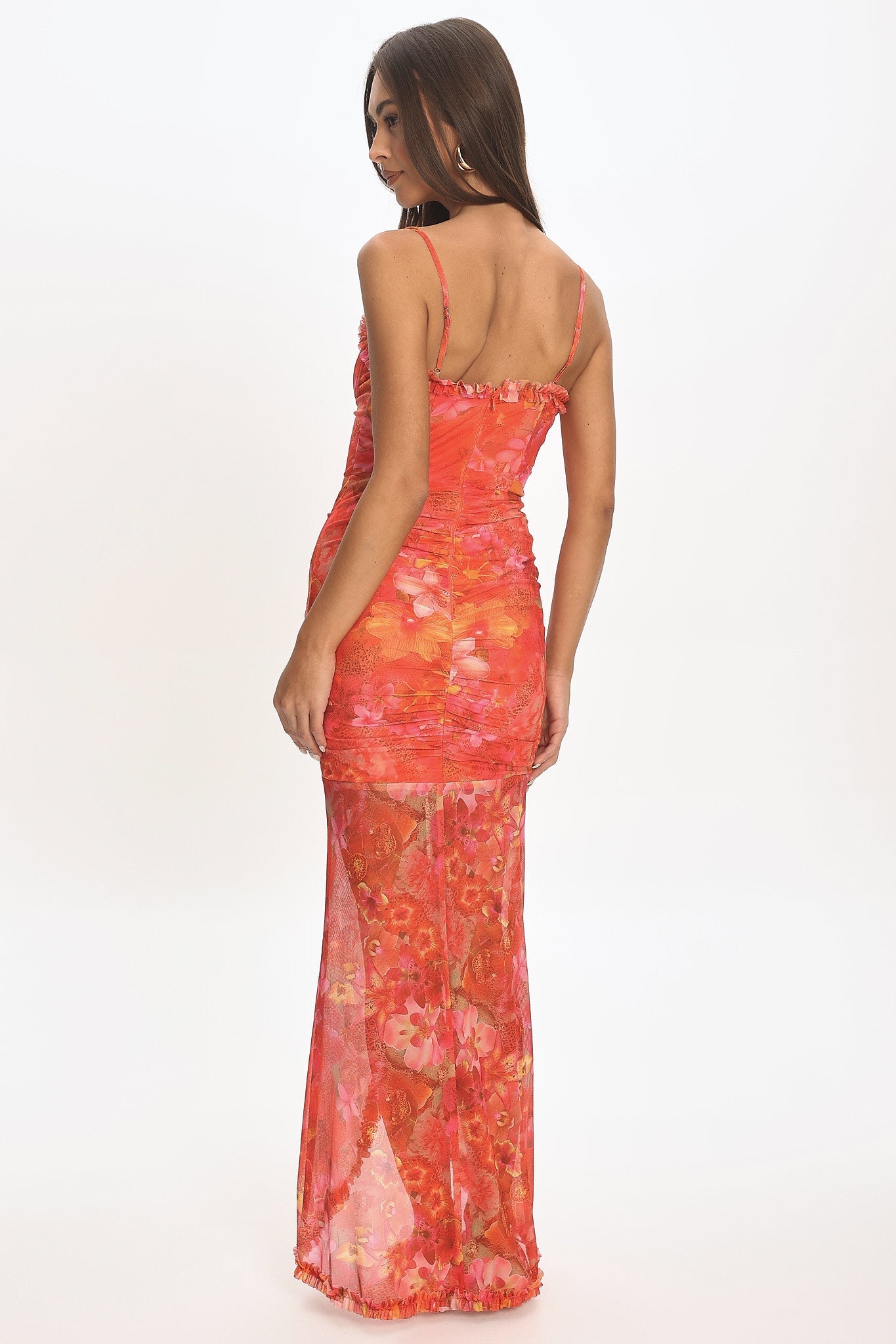 Audette Floral Mesh Ruffle Slip Gown Coral