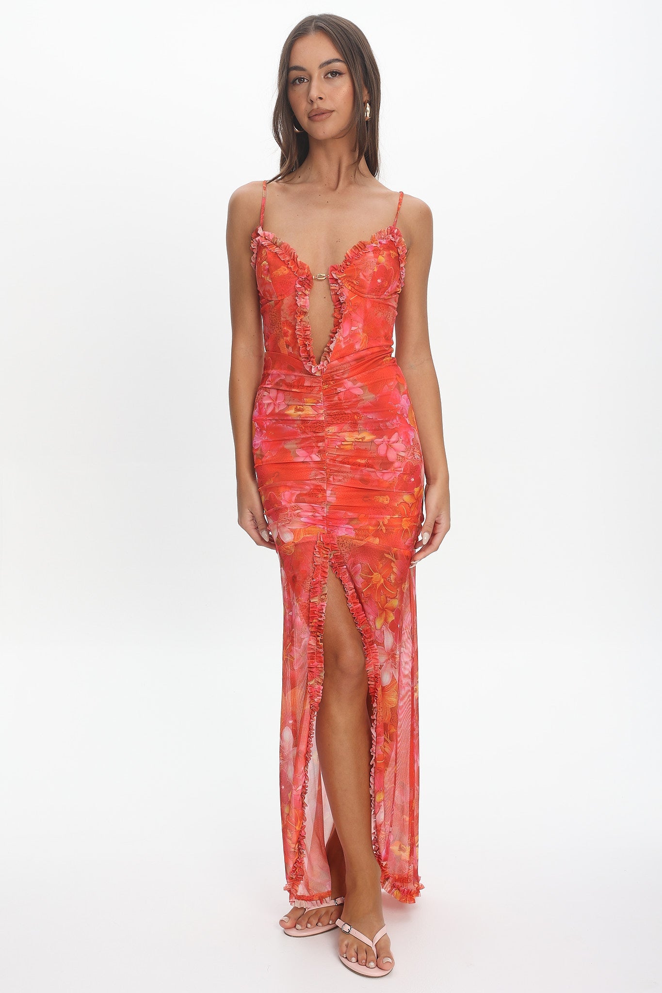 Audette Floral Mesh Ruffle Slip Gown Coral