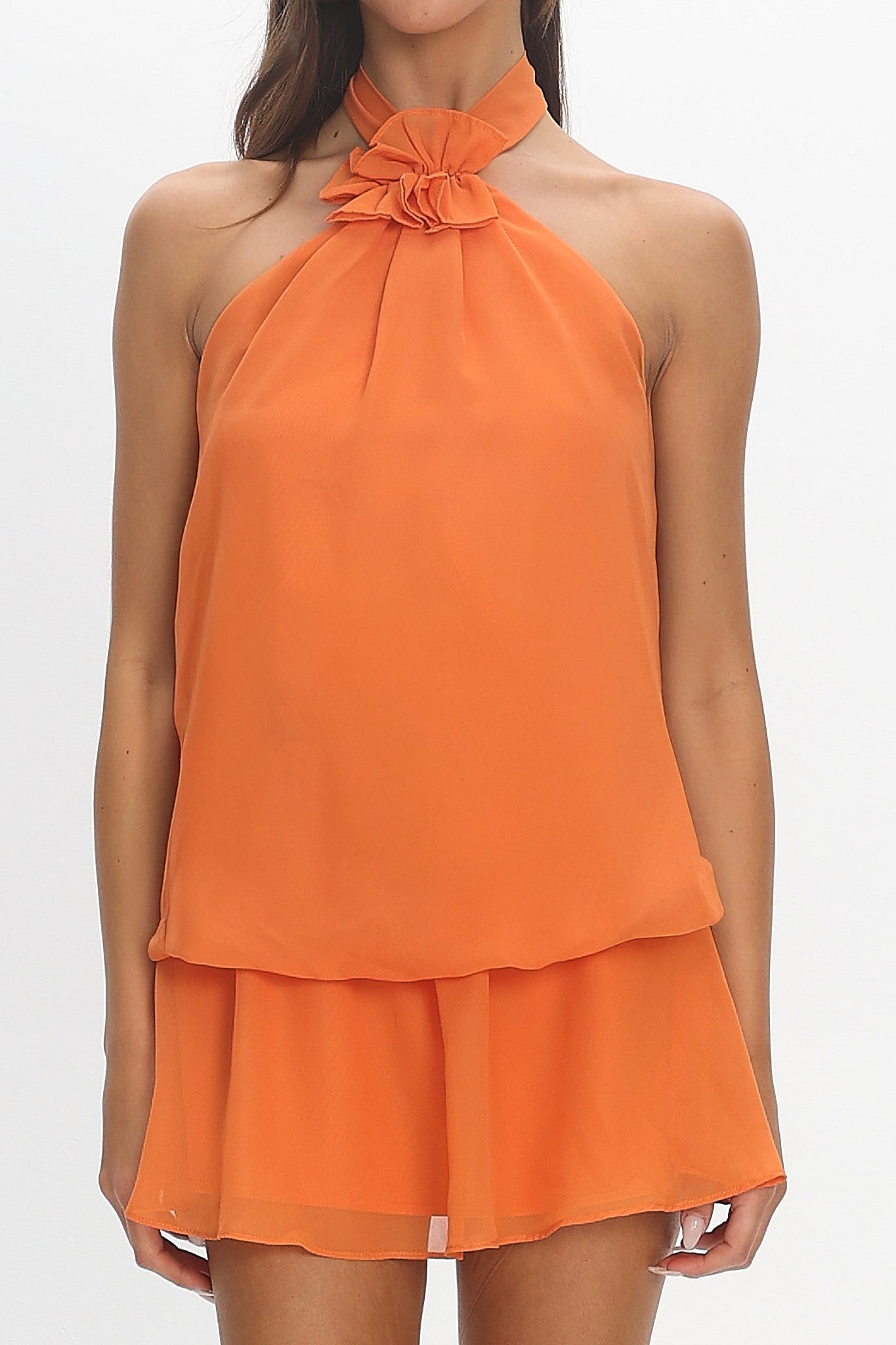 Aniyah Layered Halter Mini Dress Tangerine