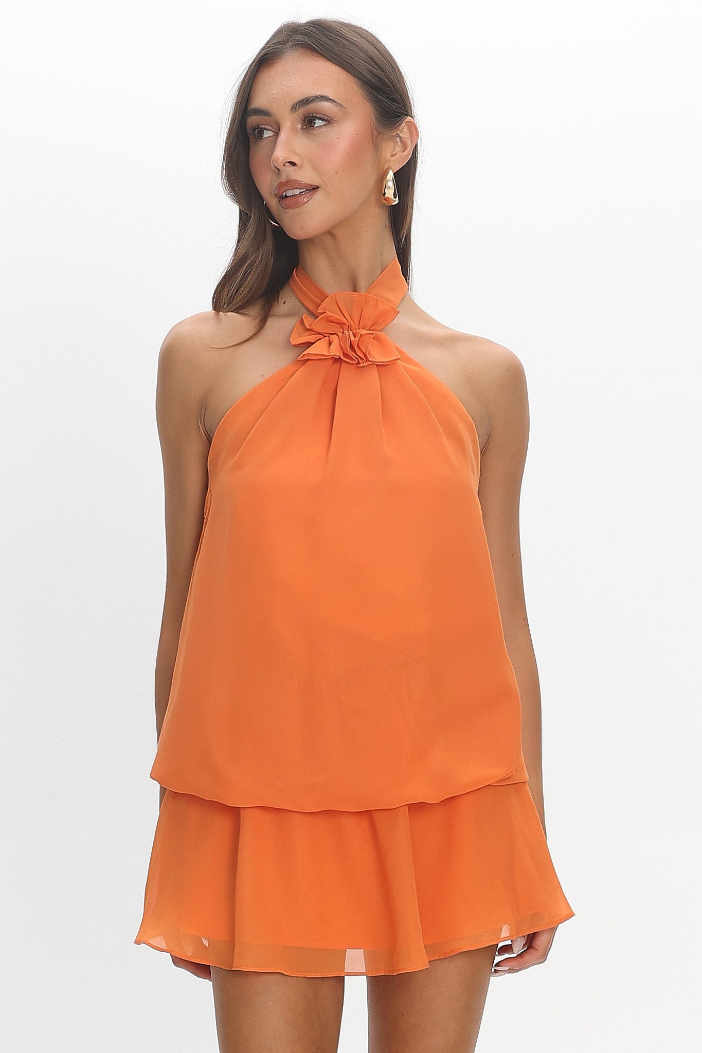 Aniyah Layered Halter Mini Dress Tangerine