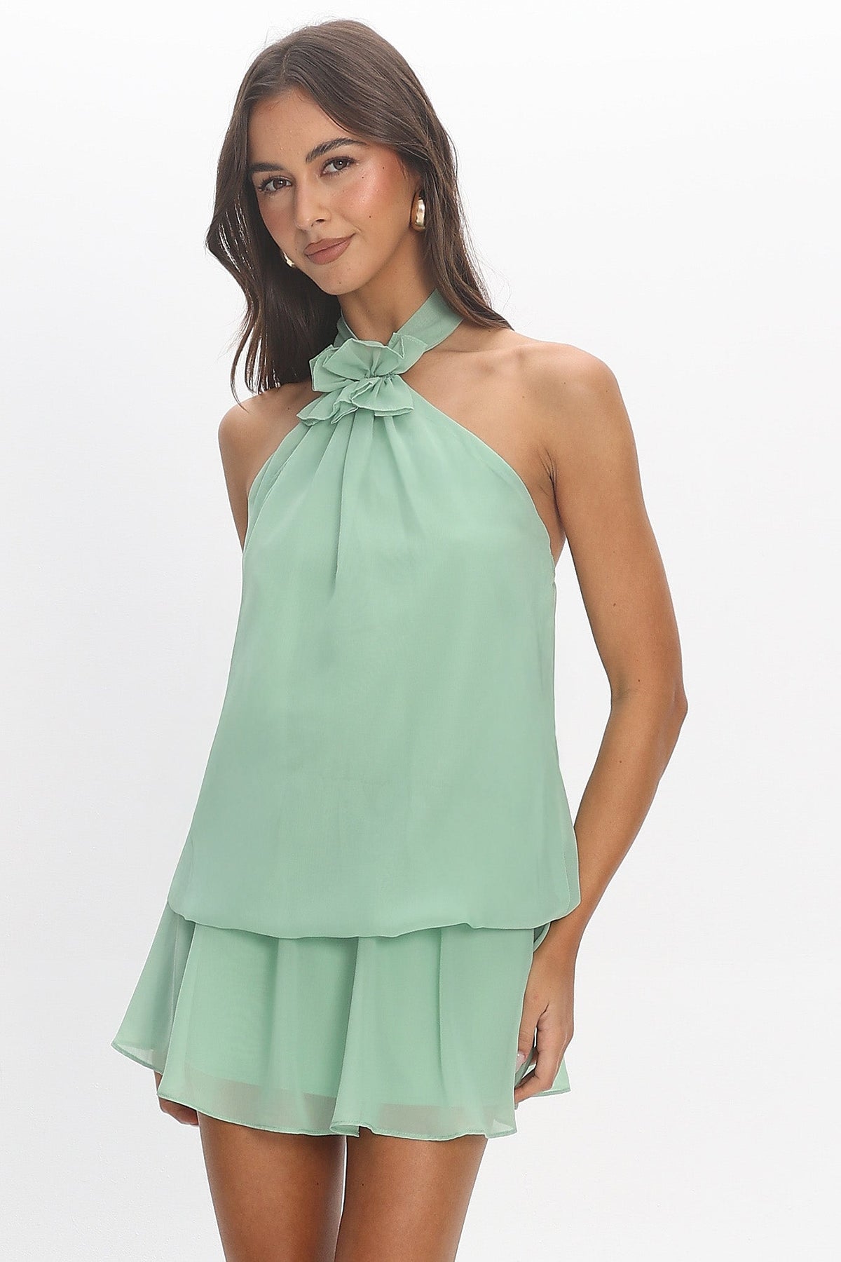 Aniyah Layered Halter Mini Dress Mint